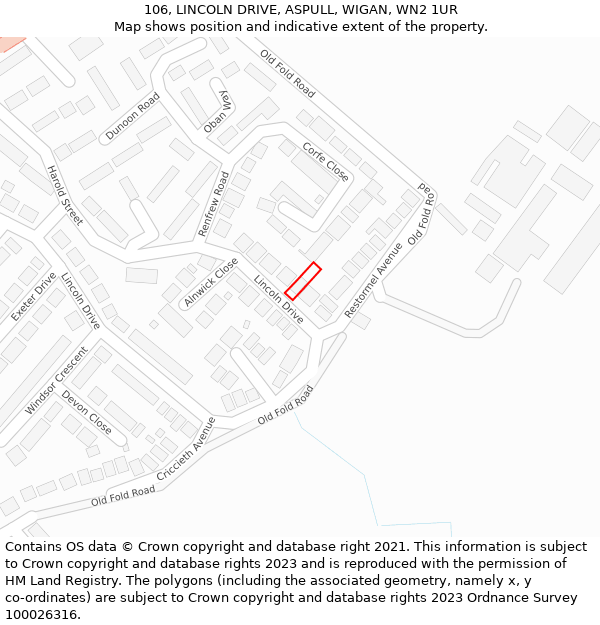 106, LINCOLN DRIVE, ASPULL, WIGAN, WN2 1UR: Location map and indicative extent of plot