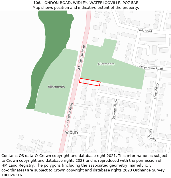 106, LONDON ROAD, WIDLEY, WATERLOOVILLE, PO7 5AB: Location map and indicative extent of plot