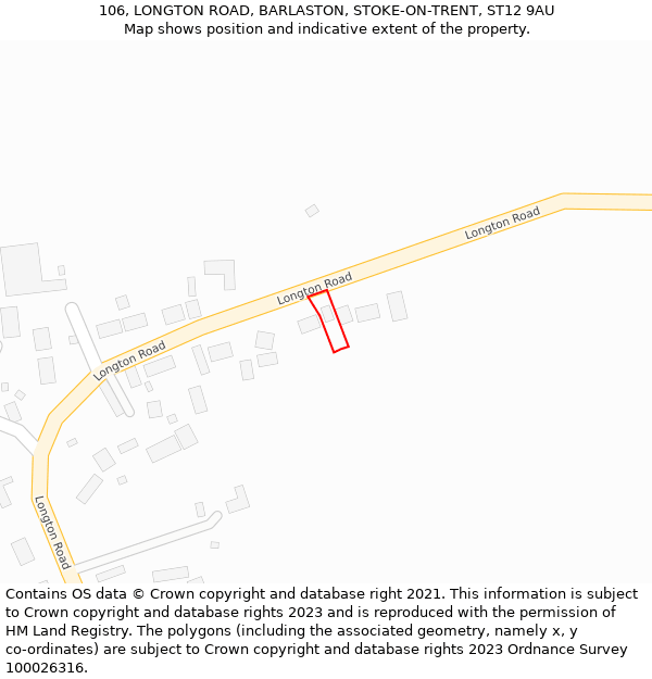 106, LONGTON ROAD, BARLASTON, STOKE-ON-TRENT, ST12 9AU: Location map and indicative extent of plot