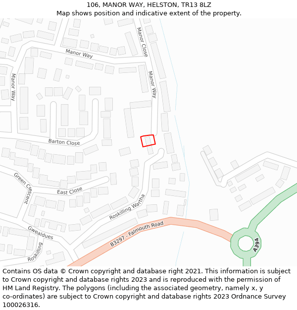 106, MANOR WAY, HELSTON, TR13 8LZ: Location map and indicative extent of plot