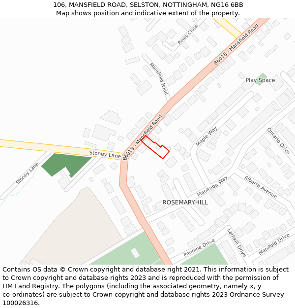 106, MANSFIELD ROAD, SELSTON, NOTTINGHAM, NG16 6BB: Location map and indicative extent of plot