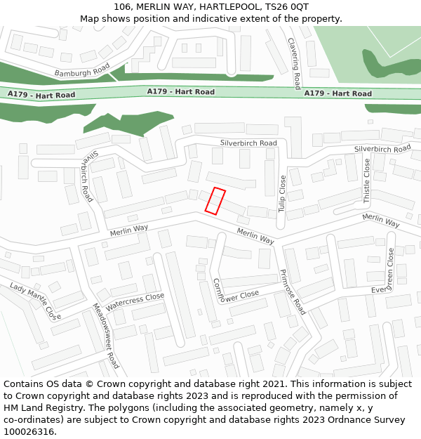 106, MERLIN WAY, HARTLEPOOL, TS26 0QT: Location map and indicative extent of plot