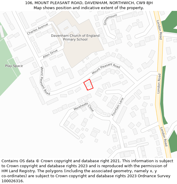 106, MOUNT PLEASANT ROAD, DAVENHAM, NORTHWICH, CW9 8JH: Location map and indicative extent of plot