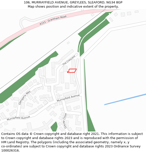 106, MURRAYFIELD AVENUE, GREYLEES, SLEAFORD, NG34 8GP: Location map and indicative extent of plot