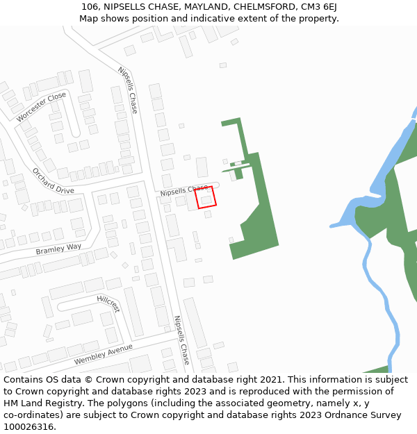 106, NIPSELLS CHASE, MAYLAND, CHELMSFORD, CM3 6EJ: Location map and indicative extent of plot