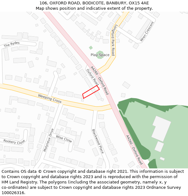 106, OXFORD ROAD, BODICOTE, BANBURY, OX15 4AE: Location map and indicative extent of plot