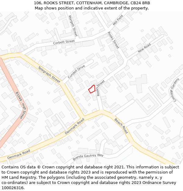106, ROOKS STREET, COTTENHAM, CAMBRIDGE, CB24 8RB: Location map and indicative extent of plot