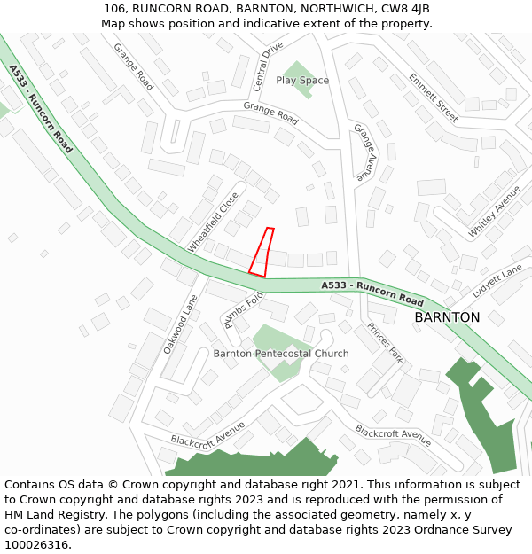 106, RUNCORN ROAD, BARNTON, NORTHWICH, CW8 4JB: Location map and indicative extent of plot