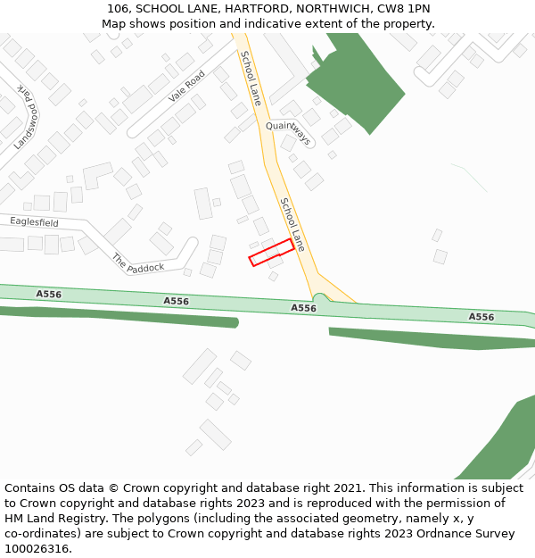 106, SCHOOL LANE, HARTFORD, NORTHWICH, CW8 1PN: Location map and indicative extent of plot