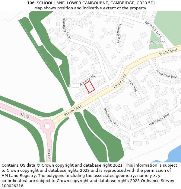 106, SCHOOL LANE, LOWER CAMBOURNE, CAMBRIDGE, CB23 5DJ: Location map and indicative extent of plot