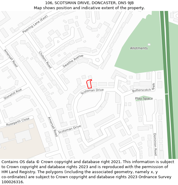 106, SCOTSMAN DRIVE, DONCASTER, DN5 9JB: Location map and indicative extent of plot