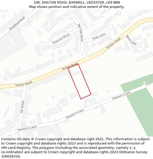 106, SHILTON ROAD, BARWELL, LEICESTER, LE9 8BN: Location map and indicative extent of plot