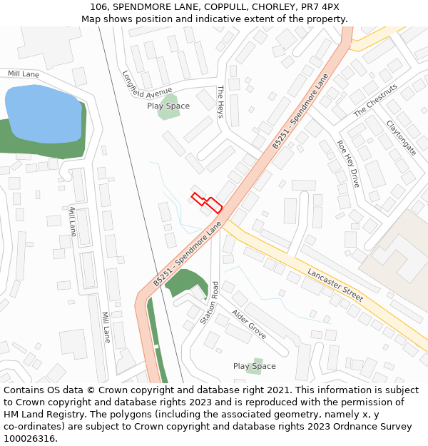 106, SPENDMORE LANE, COPPULL, CHORLEY, PR7 4PX: Location map and indicative extent of plot