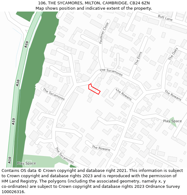 106, THE SYCAMORES, MILTON, CAMBRIDGE, CB24 6ZN: Location map and indicative extent of plot