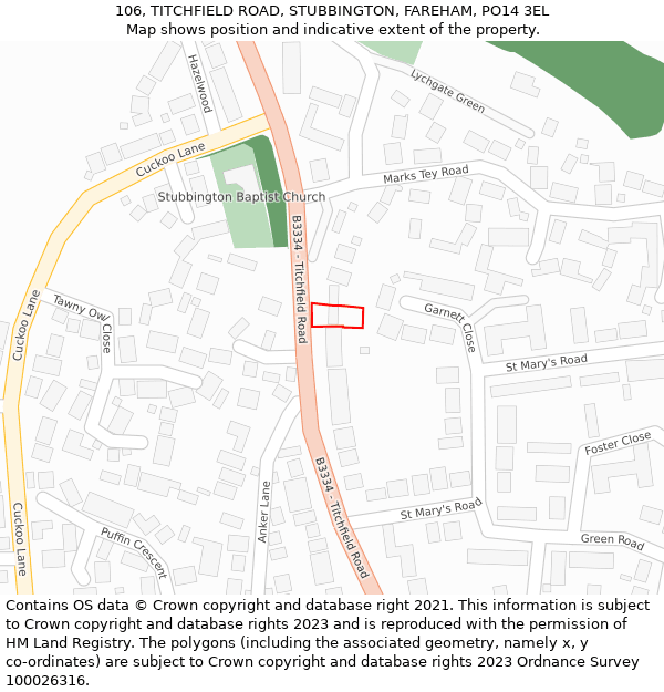 106, TITCHFIELD ROAD, STUBBINGTON, FAREHAM, PO14 3EL: Location map and indicative extent of plot