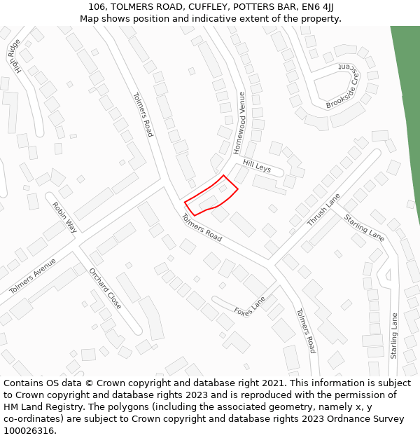 106, TOLMERS ROAD, CUFFLEY, POTTERS BAR, EN6 4JJ: Location map and indicative extent of plot