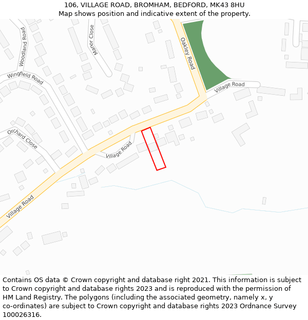 106, VILLAGE ROAD, BROMHAM, BEDFORD, MK43 8HU: Location map and indicative extent of plot