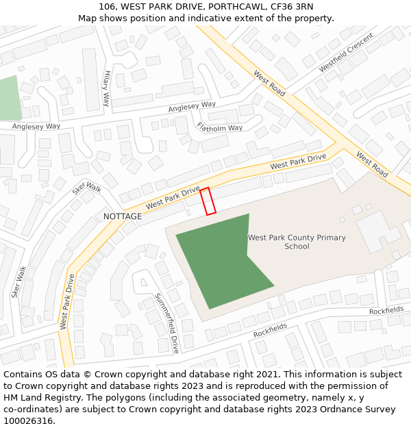 106, WEST PARK DRIVE, PORTHCAWL, CF36 3RN: Location map and indicative extent of plot