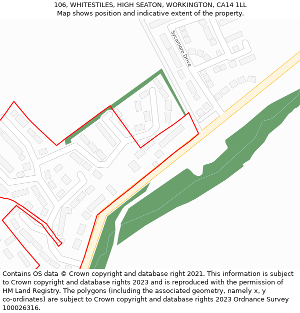 106, WHITESTILES, HIGH SEATON, WORKINGTON, CA14 1LL: Location map and indicative extent of plot