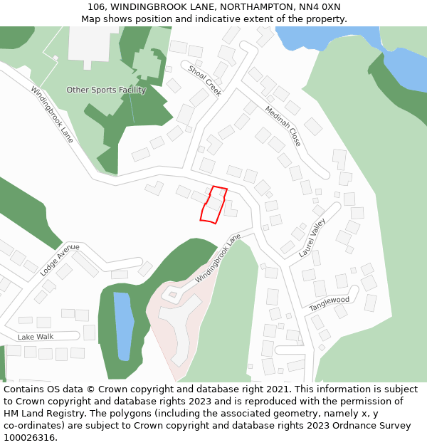 106, WINDINGBROOK LANE, NORTHAMPTON, NN4 0XN: Location map and indicative extent of plot