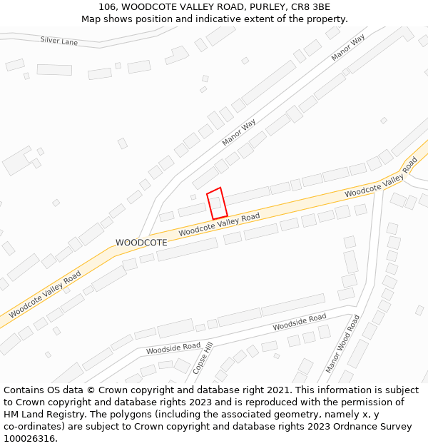 106, WOODCOTE VALLEY ROAD, PURLEY, CR8 3BE: Location map and indicative extent of plot