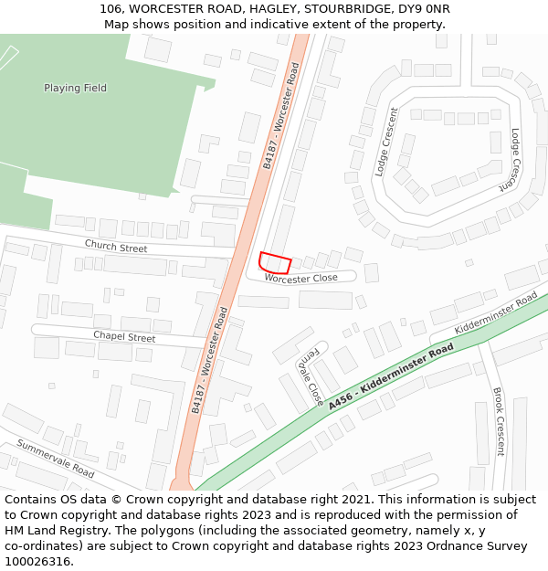 106, WORCESTER ROAD, HAGLEY, STOURBRIDGE, DY9 0NR: Location map and indicative extent of plot