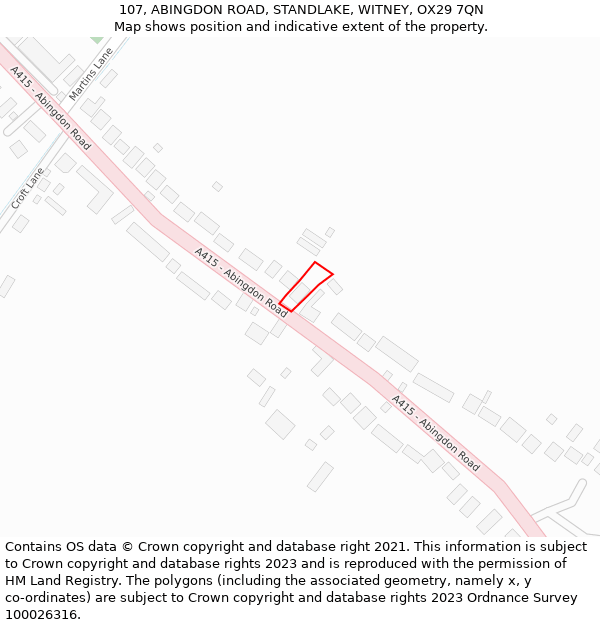 107, ABINGDON ROAD, STANDLAKE, WITNEY, OX29 7QN: Location map and indicative extent of plot