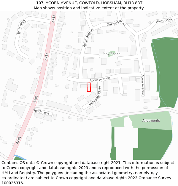 107, ACORN AVENUE, COWFOLD, HORSHAM, RH13 8RT: Location map and indicative extent of plot