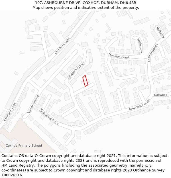 107, ASHBOURNE DRIVE, COXHOE, DURHAM, DH6 4SR: Location map and indicative extent of plot