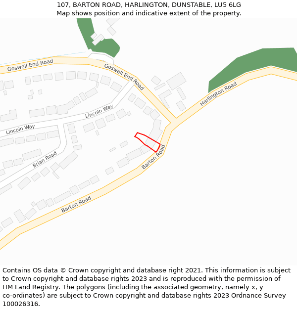 107, BARTON ROAD, HARLINGTON, DUNSTABLE, LU5 6LG: Location map and indicative extent of plot
