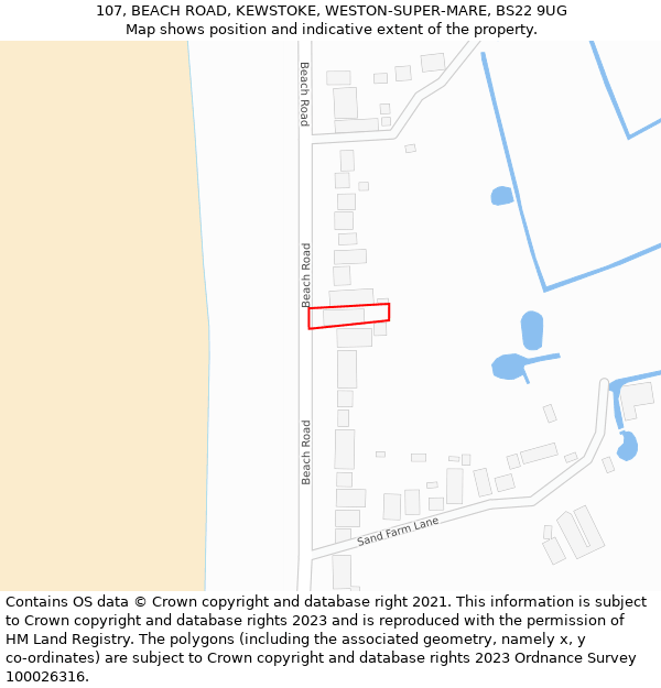 107, BEACH ROAD, KEWSTOKE, WESTON-SUPER-MARE, BS22 9UG: Location map and indicative extent of plot