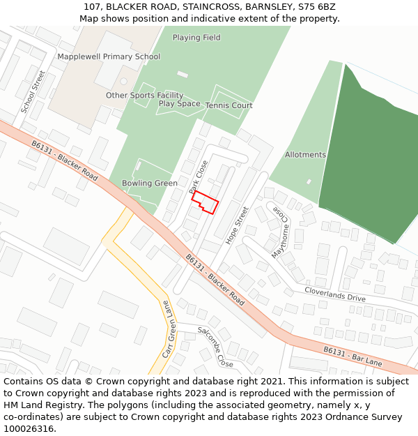 107, BLACKER ROAD, STAINCROSS, BARNSLEY, S75 6BZ: Location map and indicative extent of plot