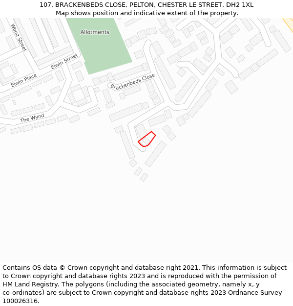 107, BRACKENBEDS CLOSE, PELTON, CHESTER LE STREET, DH2 1XL: Location map and indicative extent of plot