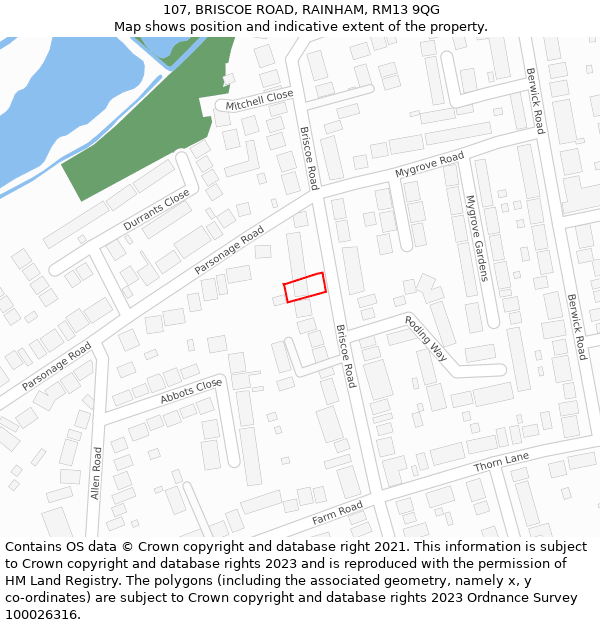 107, BRISCOE ROAD, RAINHAM, RM13 9QG: Location map and indicative extent of plot