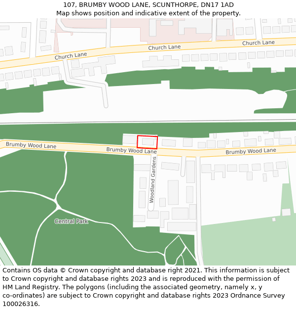 107, BRUMBY WOOD LANE, SCUNTHORPE, DN17 1AD: Location map and indicative extent of plot