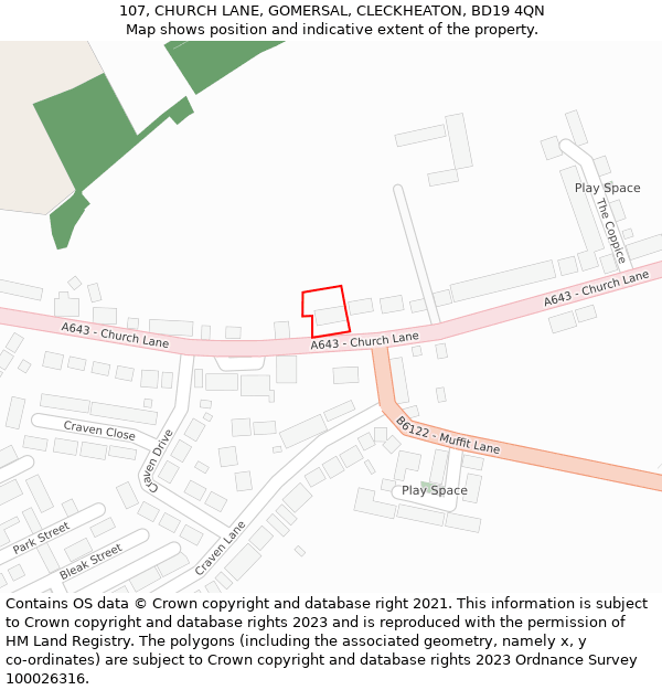 107, CHURCH LANE, GOMERSAL, CLECKHEATON, BD19 4QN: Location map and indicative extent of plot