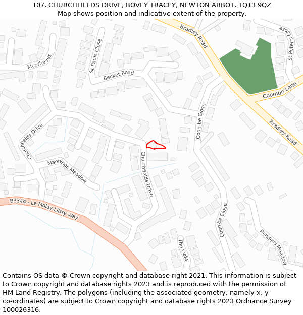 107, CHURCHFIELDS DRIVE, BOVEY TRACEY, NEWTON ABBOT, TQ13 9QZ: Location map and indicative extent of plot