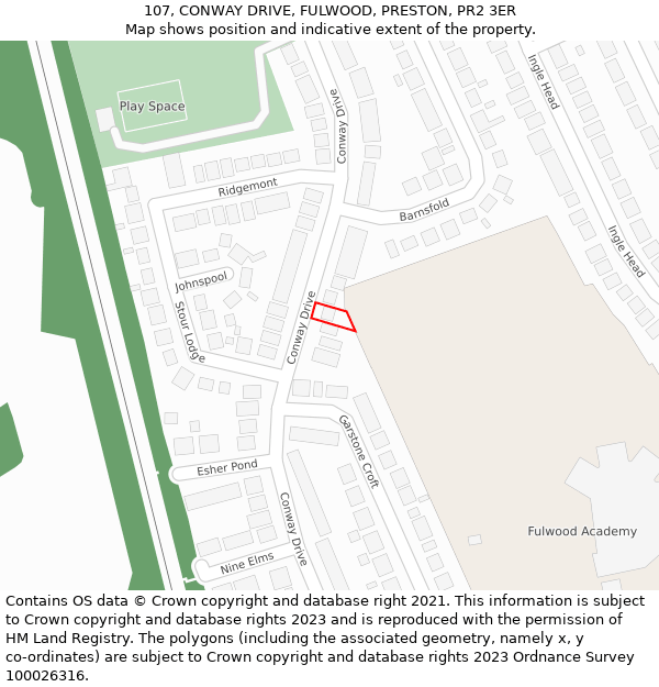 107, CONWAY DRIVE, FULWOOD, PRESTON, PR2 3ER: Location map and indicative extent of plot
