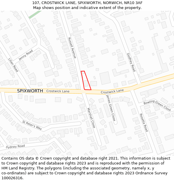 107, CROSTWICK LANE, SPIXWORTH, NORWICH, NR10 3AF: Location map and indicative extent of plot