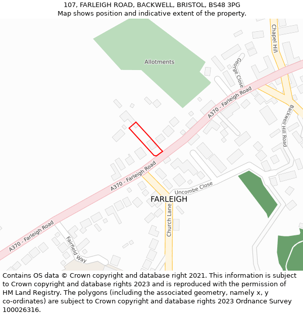 107, FARLEIGH ROAD, BACKWELL, BRISTOL, BS48 3PG: Location map and indicative extent of plot