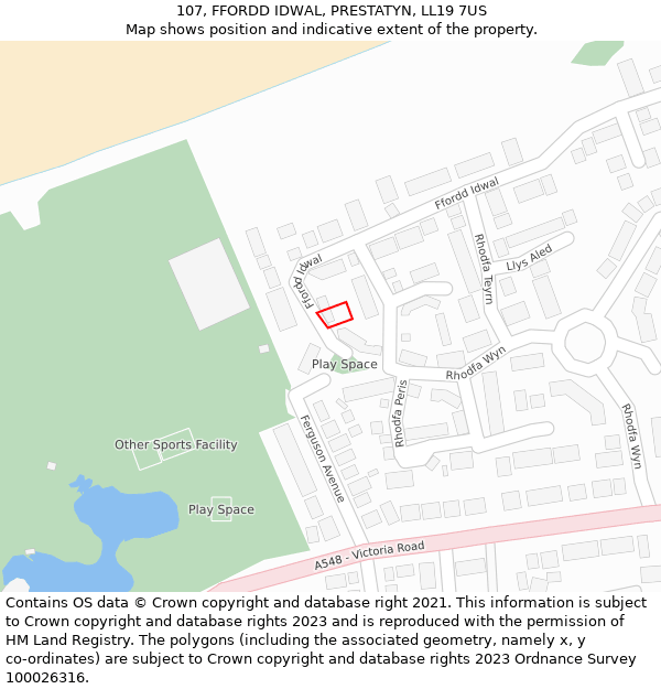 107, FFORDD IDWAL, PRESTATYN, LL19 7US: Location map and indicative extent of plot