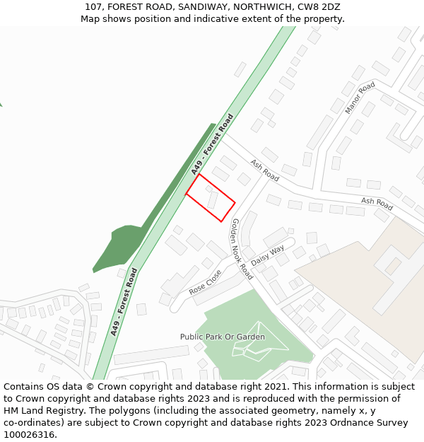107, FOREST ROAD, SANDIWAY, NORTHWICH, CW8 2DZ: Location map and indicative extent of plot