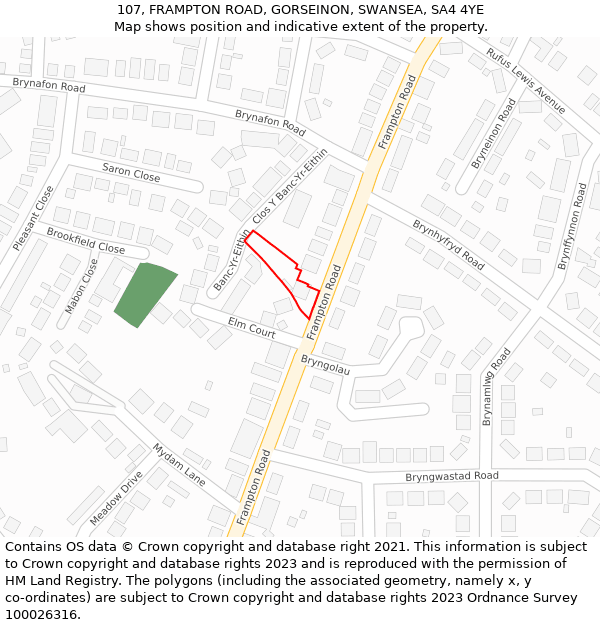 107, FRAMPTON ROAD, GORSEINON, SWANSEA, SA4 4YE: Location map and indicative extent of plot