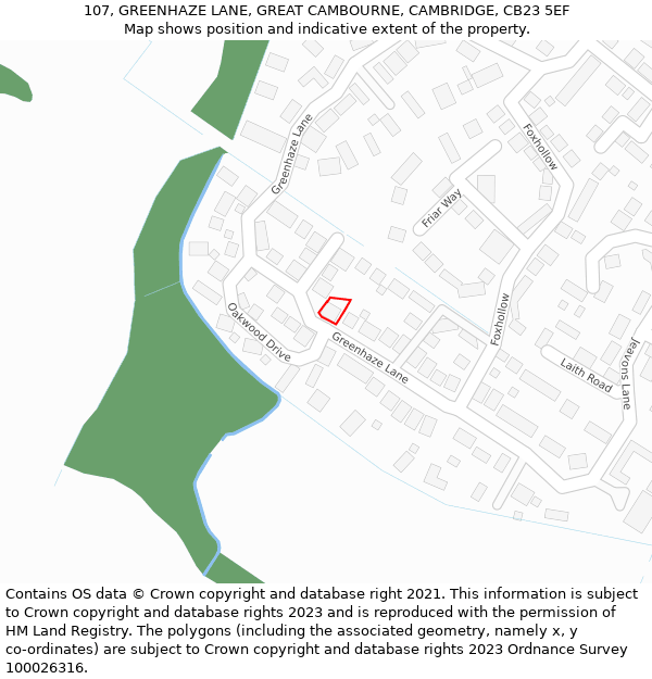 107, GREENHAZE LANE, GREAT CAMBOURNE, CAMBRIDGE, CB23 5EF: Location map and indicative extent of plot