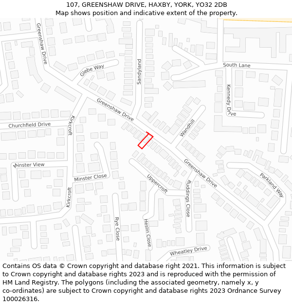 107, GREENSHAW DRIVE, HAXBY, YORK, YO32 2DB: Location map and indicative extent of plot