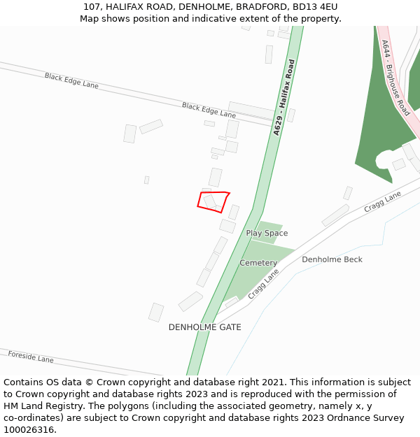 107, HALIFAX ROAD, DENHOLME, BRADFORD, BD13 4EU: Location map and indicative extent of plot