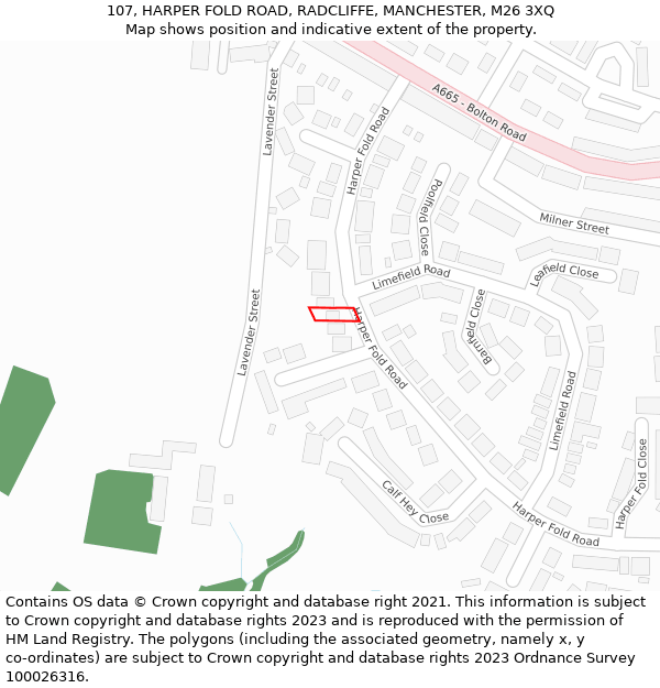 107, HARPER FOLD ROAD, RADCLIFFE, MANCHESTER, M26 3XQ: Location map and indicative extent of plot