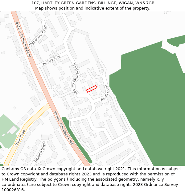 107, HARTLEY GREEN GARDENS, BILLINGE, WIGAN, WN5 7GB: Location map and indicative extent of plot