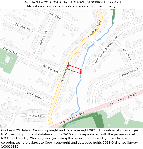 107, HAZELWOOD ROAD, HAZEL GROVE, STOCKPORT, SK7 4NB: Location map and indicative extent of plot