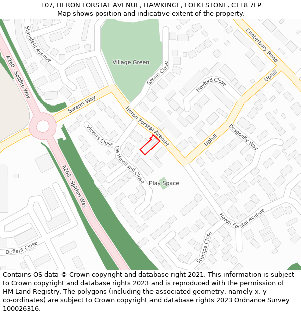 107, HERON FORSTAL AVENUE, HAWKINGE, FOLKESTONE, CT18 7FP: Location map and indicative extent of plot